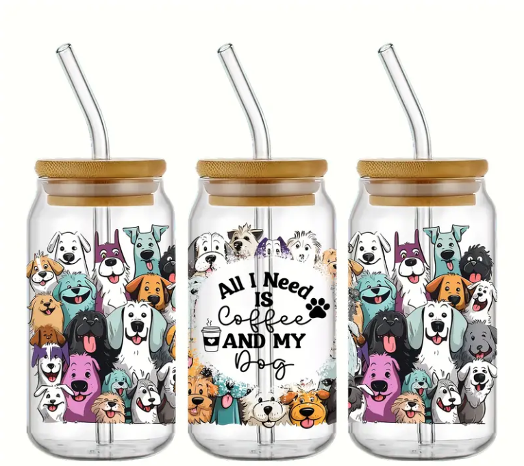 Dog glass tumbler & Straw