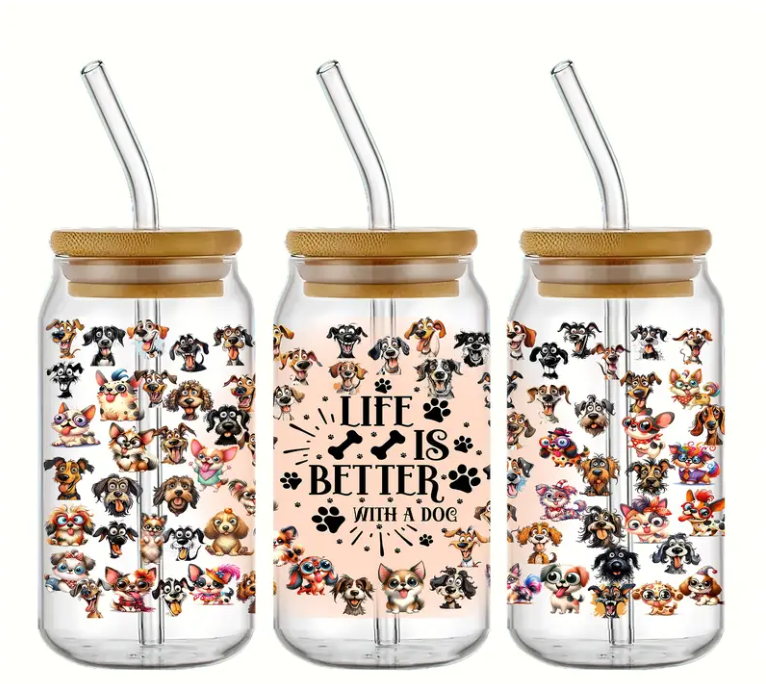 Dog glass tumbler & Straw