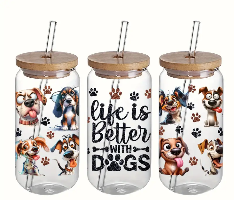 Dog glass tumbler & Straw